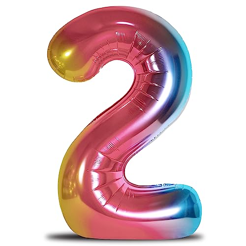 envami® Luftballon Geburtstag XXL Regenbogen Rainbow - Riesen Folienballon in 40" - 101cm Geburtstagsdeko - Ballon Zahl Deko zum Geburtstag - fliegt mit Helium (Zahl 2) von envami