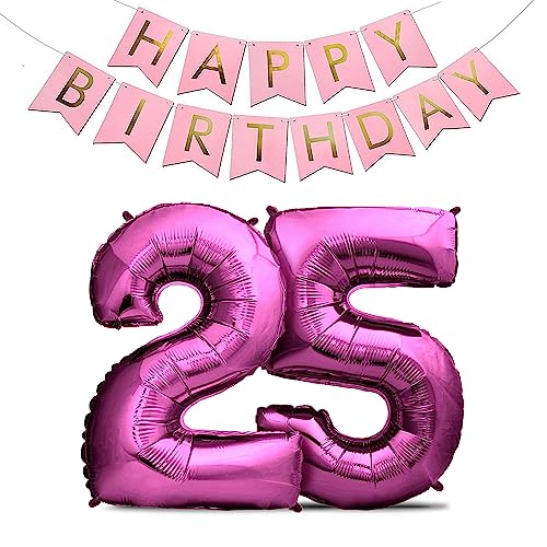 envami® XXL Folienluftballons - Luftballons Pink + Happy Birthday Girlande - Riesen Zahlen -Luftballons - 40" 101CM - Perfekte Geburtstagsdeko Rosa - Fliegt mit Helium (Zahl 25) von envami