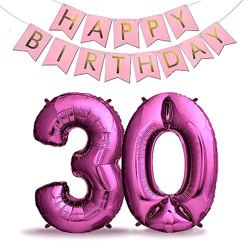 envami® XXL Folienluftballons - Luftballons Pink + Happy Birthday Girlande - Riesen Zahlen -Luftballons - 40" 101CM - Perfekte Geburtstagsdeko Rosa - Fliegt mit Helium (Zahl 30) von envami