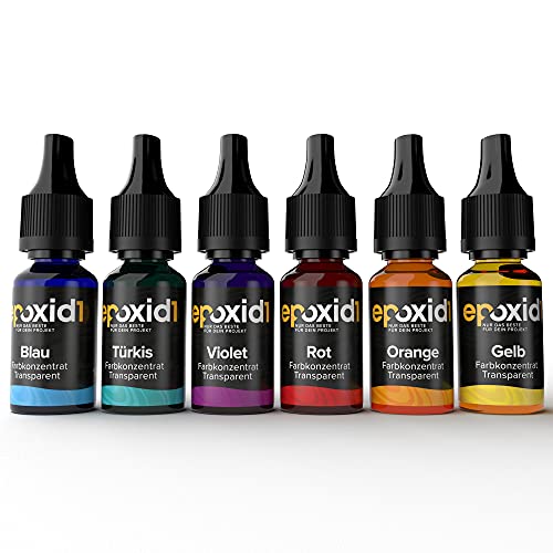 Epoxid1® transparente Farbe | 6er Set hochkonzentrierte Epoxidharz Farbe | flüssige Tinte zum Färben von Kunstharz | kraftvoll & stark | Harz Farbe mit Tröpfchendosierer von epoxid1