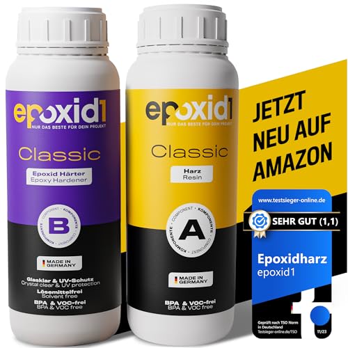 epoxid1® Epoxidharz mit Härter | Classic Resin Gießharz 0,1-1cm | glasklar & blasenfrei | ideal zum Basteln & Gießen von Epoxy Resin Art | Kunstharz Set für Anfänger & Profis | Made in Germany 1.5kg von epoxid1