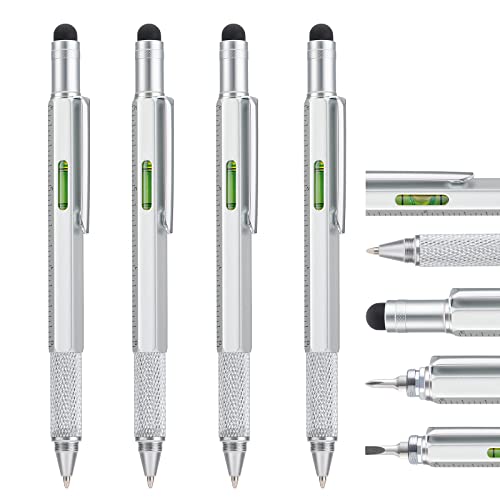 4 Stücke Multitool Pen Stift mit Extra Nachfüll, 6-in-1 Werkzeug mit Lineal & Levelgauge, Multifunktionale Metall Kugelschreiber, Cool Gadget für Männer, Geschenk für Mann Papa Vater Freund (Silber) 4 Stücke Multitool Pen Stift mit Extra Nachfüll, 6-in-1 Werkzeug mit Lineal & Levelgauge, Multifunktionale Metall Kugelschreiber, Cool Gadget für Männer, Geschenk für Mann Papa Vater Freund (Silber) von erofa