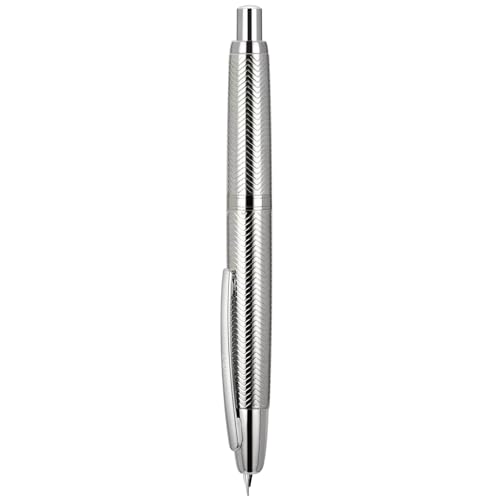 Jinhao 10 Serie Press Füllfederhalter, gewellt, helles Chrom, einziehbar, feine Feder, mit Tintenkonverter und Stiftebox aus Metall (Silber-Clip-Version) von erofa