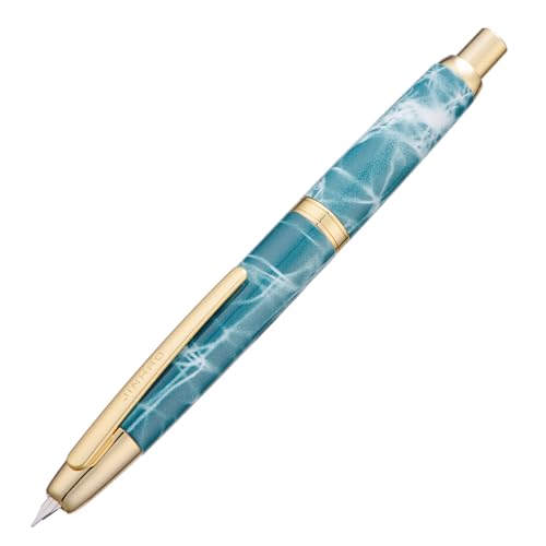 Jinhao 10 Serie Press Füllfederhalter, Marmorblau, einziehbare, feine Feder, mit Tintenkonverter und Stiftebox aus Metall (Goldene Clip-Version) von erofa