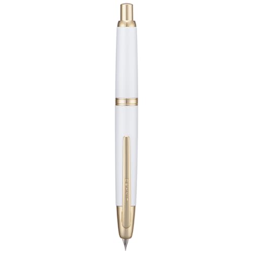 Jinhao 10 Series Press Füllfederhalter, Perlweiß, einziehbar, mittlere Feder, mit Tintenkonverter und Stiftebox aus Metall (Goldene Clip-Version) von erofa