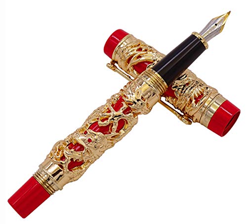Jinhao Fude Kugelschreiber, gebogene Spitze, feine bis breite Größe, Drachenphönix-Muster, Glücksklammer, goldfarbene und rote Farbe, mit Stiftetui von erofa