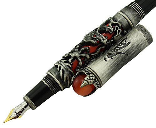 Jinhao Vintage Dragon King Füllfederhalter, feine Spitze, Rot und Grau, Schmuck auf der Oberseite, schwerer Stift mit Beutel Jinhao Vintage Dragon King Füllfederhalter, feine Spitze, Rot und Grau, Schmuck auf der Oberseite, schwerer Stift mit Beutel von erofa