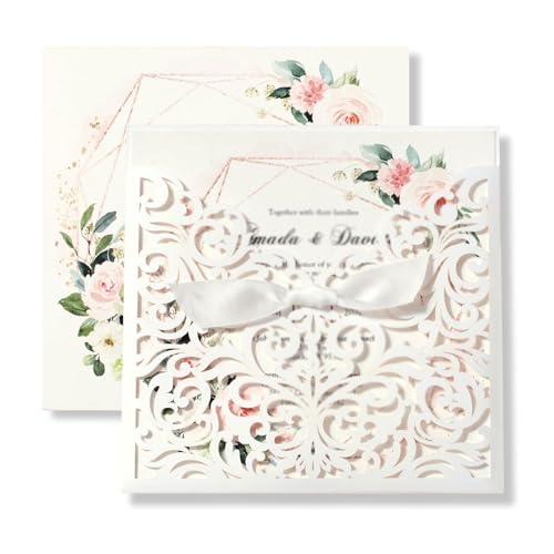 50 x lasergeschnittene Hochzeitseinladungen mit Umschlägen und Schleife, 15 x 15 cm, personalisierte Einladungskarten für Hochzeit, Jahrestag, Einladungen 50 x lasergeschnittene Hochzeitseinladungen mit Umschlägen und Schleife, 15 x 15 cm, personalisierte Einladungskarten für Hochzeit, Jahrestag, Einladungen von esmen