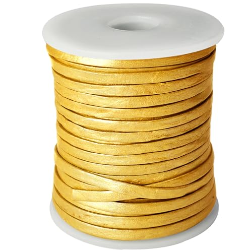 esnado Lederband flach | Breite 3 mm, Dicke 1 mm | Länge:10 Meter | Farbe: Gold | ECHTES Leder - pflanzlich gegerbt | zum Basteln | Herstellung von Schmuck von esnado