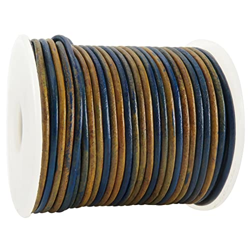 esnado Lederband rund | Durchmesser 2 mm; Zweifarbig Blau-Natur - 25 Meter Rolle | ECHTES Leder - pflanzlich gegerbt | zum Basteln | Herstellung von Armbändern, Mittelalter, Schmuck von esnado