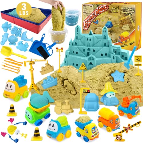 Magic Sand Kit - Spielsand Baukasten 3lbs Sand mit 2 Farben, 6 Mini Baufahrzeuge, Bauspielzeug und Schilder, Tierform, Modellierwerkzeuge, Faltbarer Sandkasten mit sauberen Set für Jungen Mädchen von essenson