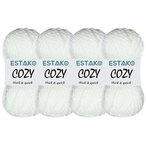 Estako Cozy Thick & Quick Garn (4 Knäuel Packung), 20 % Wolle, 80 % Acryl, weich, super sperriges Gewicht, #6 Strick- und Häkelgarn, 4 x 100 g, 4 x 65 Jahre (50187-weiß) von estako