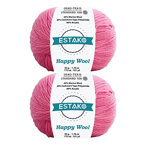 Estako Happy Wool (2 Knäuel-Pack) 40% Merinowolle, 20% Kaschmir-Typ, Polyamid, 40% Acyrlic Fingering Weight Soft Strick- und Häkelgarn (2 x 50 g) (8031 – Rose Pink) von estako