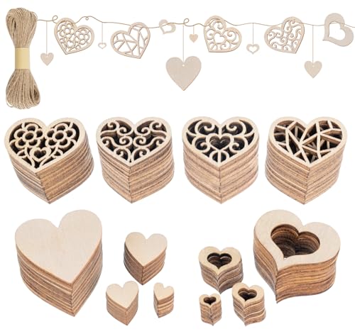 1/1,5/2/3/4 mm Herz Holz,550er Holzherzen Scheiben mit 20 M Schnur,6 Stile Klein Holz Herzen Unbehandelt,Mini Wooden Hearts mit Massivholzherz und Hohl Holzherzen für Weihnachten,Hochzeit,Party von estcoo