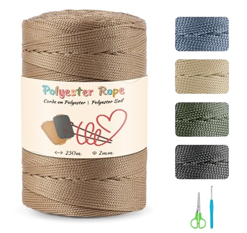 Makramee Garn Set, 2mm x 250m Makramee Polyester Schnur 100% Polypropylen-Kordel mit Schere und 4mm Häkeln Polypropylene Yarn für Handwerk Wohndekorationen Umhängetasche Handtasche (Latte) von estcoo