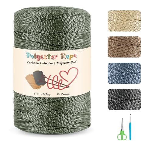 Makramee Polyester Seil,100% Polypropylen-Kordel 2mm x 250m Macrame Häkelgarn Yarn mit Schere und 4mm Häkeln für DIY Makramee Garn, Bastel Schnur, Dekorieren und Verpacken von Geschenken (Olivgrün) von estcoo