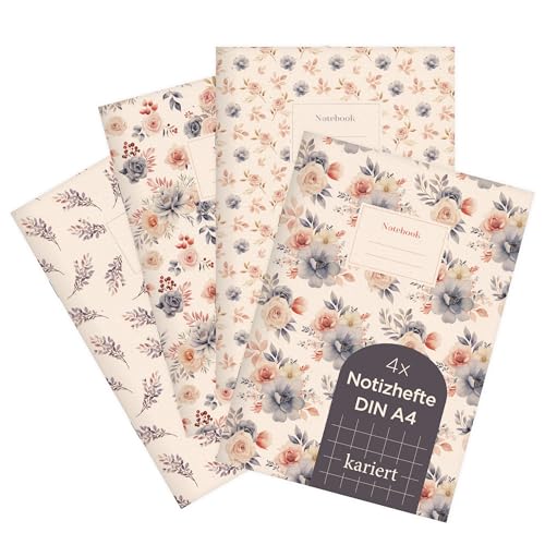 etmamu 1032 4er-Set Notizheft A4 | Blumen Muster Aquarell Rosen Zweige | für Notizen, Skizzen, Bullet Journal & Planungen | Kariert von etmamu