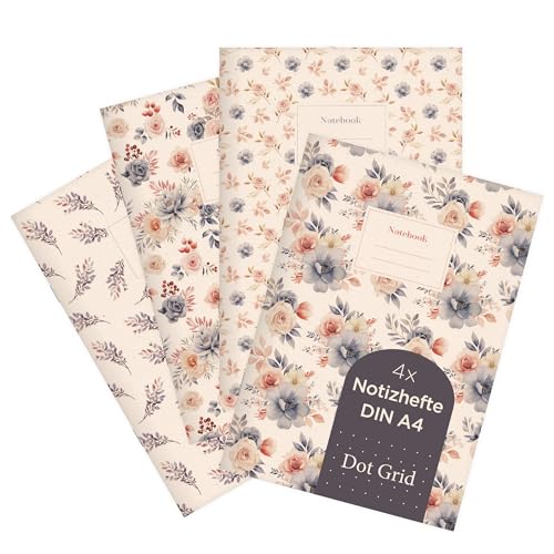 etmamu 1032 4er-Set Notizheft A4 | Blumen Muster Aquarell Rosen Zweige | für Notizen, Skizzen, Bullet Journal & Planungen | Punktraster von etmamu