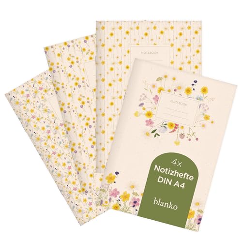 etmamu 1035 4er-Set Notizheft A4 | Wiesenblumen Muster Aquarell | für Notizen, Skizzen, Bullet Journal & Planungen | blanko von etmamu