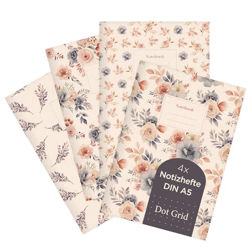etmamu 1069 4er-Set Notizheft A5 | Blumen Muster Aquarell Rosen Zweige | für Notizen, Skizzen, Bullet Journal & Planungen | Punktraster etmamu 1069 4er-Set Notizheft A5 | Blumen Muster Aquarell Rosen Zweige | für Notizen, Skizzen, Bullet Journal & Planungen | Punktraster von etmamu