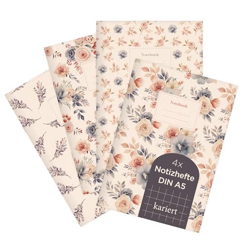 etmamu 1069 4er-Set Notizheft A5 | Blumen Muster Aquarell Rosen Zweige | für Notizen, Skizzen, Bullet Journal & Planungen | Kariert etmamu 1069 4er-Set Notizheft A5 | Blumen Muster Aquarell Rosen Zweige | für Notizen, Skizzen, Bullet Journal & Planungen | Kariert von etmamu