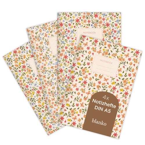 etmamu 1070 4er-Set Notizheft A5 | Summer Bloom Blumen Muster | für Notizen, Skizzen, Bullet Journal & Planungen | Blanko von etmamu