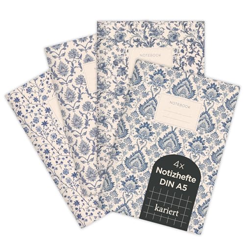 etmamu 1073 4er-Set Notizheft A5 | Ornamente Blumen- und Damastmustern | für Notizen, Skizzen, Bullet Journal & Planungen | Kariert von etmamu