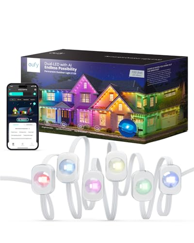 eufy Permanent Outdoor Light E120, 30 Meter, 60 Dual-LED RGB & Warmweiße Lichterkette, App-Steuerung, KI-Lichtgestaltung, viele Themen zB Halloween, Weihnachten, Kompatibel mit eufy Kameras von eufy Security