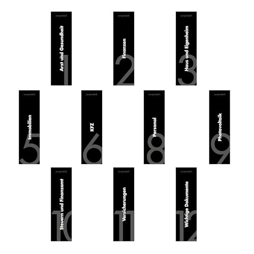 10er Komplett-Set Rückenschilder für DIN A4 Ordner, beschriftete Einsteckschilder im Format 53 x 186 mm, passend für 8 cm Ordner mit Einstecktaschen von europrotokoll