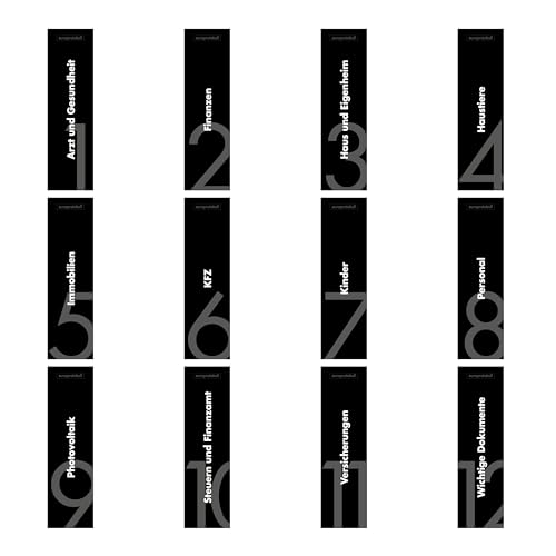 12er Komplett-Set Rückenschilder für DIN A4 Ordner, beschriftete Einsteckschilder im Format 53 x 186 mm, passend für 8 cm Ordner mit Einstecktaschen von europrotokoll