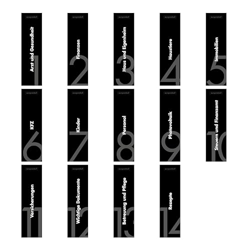 14er Komplett-Set Rückenschilder für DIN A4 Ordner, beschriftete Einsteckschilder im Format 53 x 186 mm, passend für 8 cm Ordner mit Einstecktaschen von europrotokoll