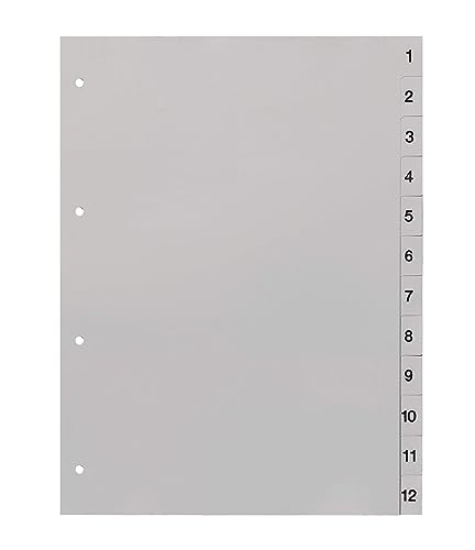 Ordnerregister 1-12, neutral, ohne Deckblatt, PP, 12-teilig, DIN A4, lichtgrau (25er Set) von europrotokoll