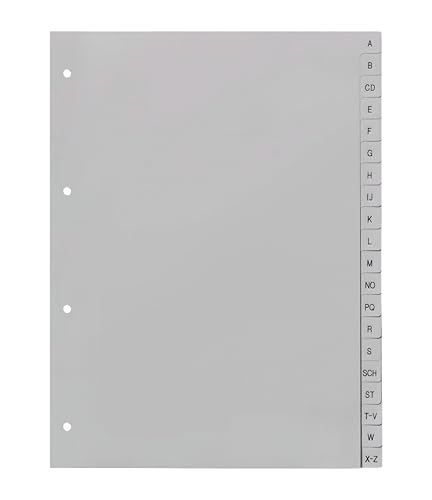 Ordnerregister A-Z, neutral, ohne Deckblatt, strapazierfähiges Register aus PP, 20-teilig, Trennblätter passend für DIN A4 Ordner, lichtgrau von europrotokoll