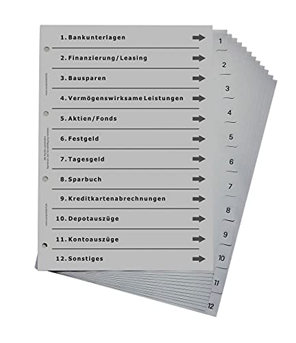 Ordnerregister für Finanzen, durchdachtes Register für DIN A4 Ordner, Finanz- und Bankordner rund um Finanzierung, Bank, Aktien und Geld, lichtgrau von europrotokoll