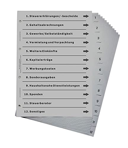Ordnerregister für Steuern und Finanzamt, durchdachtes Register für DIN A4 Ordner, Steuerordner für Steuerunterlagen und Steuererklärungen, lichtgrau von europrotokoll