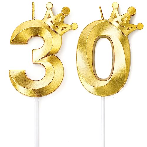 30 Kerzen zum Geburtstag, goldene Kronenkerze, 30, 8 cm, große Größe, Glitzer-Geburtstagskerze für Kuchendekoration, Kuchen-Zahlen-Topper von eusbon