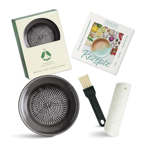 Evergrate® Keramikreibe Anthrazit mit Geschenkbox – mit Reibe, Knoblauchschäler, Rezeptheft & Pinsel – Handgefertigt für Ingwer, Knoblauch & mehr – Spülmaschinenfest & langlebig von evergrate