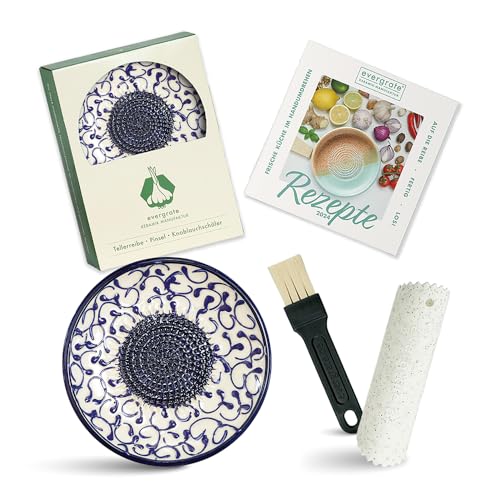 Evergrate® Keramikreibe Celia mit Geschenkbox – mit Reibe, Knoblauchschäler, Rezeptheft & Pinsel – Handgefertigt für Ingwer, Knoblauch & mehr – Spülmaschinenfest & langlebig von evergrate