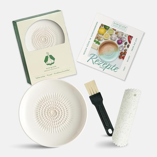 Evergrate® Keramikreibe Cremeweiß mit Geschenkbox – mit Reibe, Knoblauchschäler, Rezeptheft & Pinsel – Handgefertigt für Ingwer, Knoblauch & mehr – Spülmaschinenfest & langlebig von evergrate