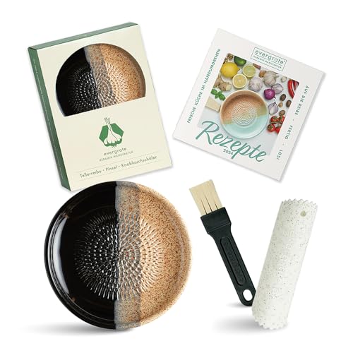 Evergrate® Keramikreibe Desert mit Geschenkbox – mit Reibe, Knoblauchschäler, Rezeptheft & Pinsel – Handgefertigt für Ingwer, Knoblauch & mehr – Spülmaschinenfest & langlebig von evergrate
