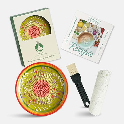 Evergrate® Keramikreibe Diego mit Geschenkbox – mit Reibe, Knoblauchschäler, Rezeptheft & Pinsel – Handgefertigt für Ingwer, Knoblauch & mehr – Spülmaschinenfest & langlebig von evergrate
