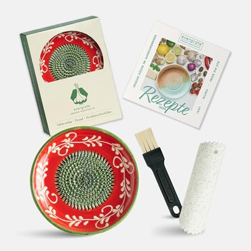 Evergrate® Keramikreibe Fernando mit Geschenkbox – mit Reibe, Knoblauchschäler, Rezeptheft & Pinsel – Handgefertigt für Ingwer, Knoblauch & mehr – Spülmaschinenfest & langlebig von evergrate