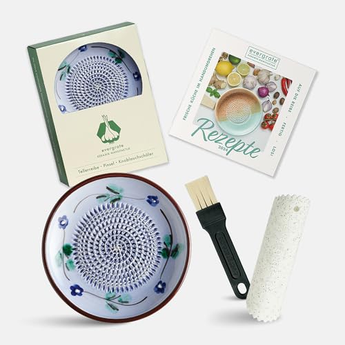 Evergrate® Keramikreibe Flora mit Geschenkbox – mit Reibe, Knoblauchschäler, Rezeptheft & Pinsel – Handgefertigt für Ingwer, Knoblauch & mehr – Spülmaschinenfest & langlebig von evergrate