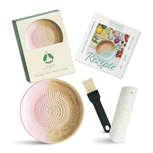 Evergrate® Keramikreibe Flower mit Geschenkbox – mit Reibe, Knoblauchschäler, Rezeptheft & Pinsel – Handgefertigt für Ingwer, Knoblauch & mehr – Spülmaschinenfest & langlebig von evergrate