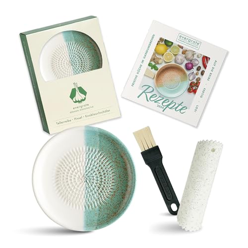 Evergrate® Keramikreibe Ice mit Geschenkbox – mit Reibe, Knoblauchschäler, Rezeptheft & Pinsel – Handgefertigt für Ingwer, Knoblauch & mehr – Spülmaschinenfest & langlebig von evergrate