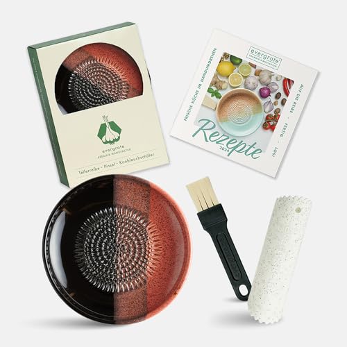 Evergrate® Keramikreibe Lava mit Geschenkbox – mit Reibe, Knoblauchschäler, Rezeptheft & Pinsel – Handgefertigt für Ingwer, Knoblauch & mehr – Spülmaschinenfest & langlebig von evergrate