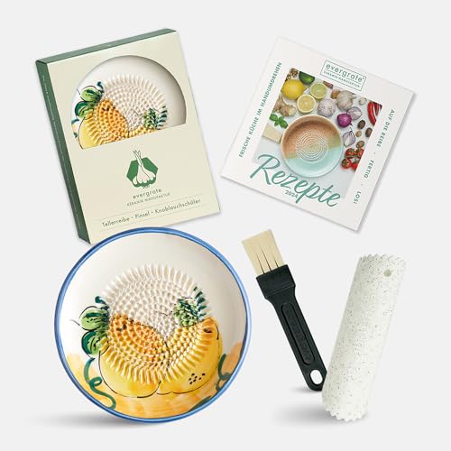Evergrate® Keramikreibe Melissa mit Geschenkbox – mit Reibe, Knoblauchschäler, Rezeptheft & Pinsel – Handgefertigt für Ingwer, Knoblauch & mehr – Spülmaschinenfest & langlebig von evergrate
