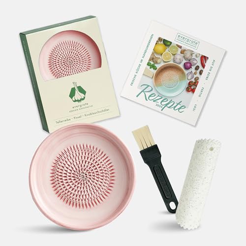 Evergrate® Keramikreibe Rosé mit Geschenkbox – mit Reibe, Knoblauchschäler, Rezeptheft & Pinsel – Handgefertigt für Ingwer, Knoblauch & mehr – Spülmaschinenfest & langlebig von evergrate
