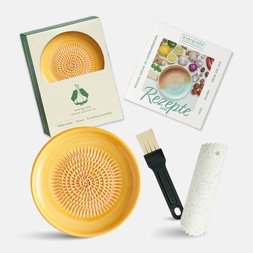 Evergrate® Keramikreibe Sonnengelb mit Geschenkbox – mit Reibe, Knoblauchschäler, Rezeptheft & Pinsel – Handgefertigt für Ingwer, Knoblauch & mehr – Spülmaschinenfest & langlebig von evergrate