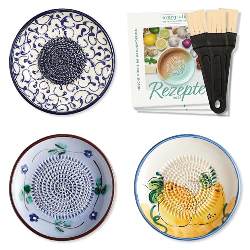 evergrate Keramikreibe 3er Verschenkset - Celia, Flora, Melissa mit Küchenpinseln und Rezeptheften evergrate Keramikreibe 3er Verschenkset - Celia, Flora, Melissa mit Küchenpinseln und Rezeptheften von evergrate